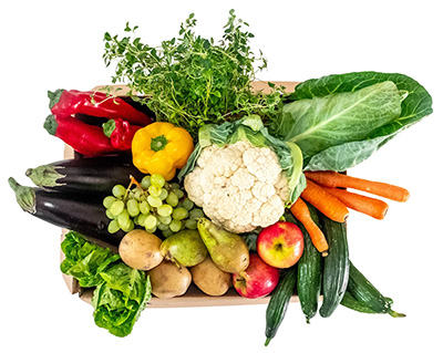 Billede af en kasse med frugt og grøntsager